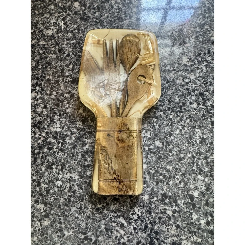 Mid Century Modern 1970 Lucite Acrylic Wood Tools Kitchen Spoon Rest mcm Vintage